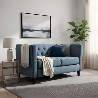 Button Tufted Loveseat, Upholstered 2 Seater With Square Arm For Living Room - Navy Blue