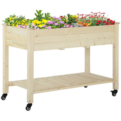 Outsunny - Raised Garden Bed, 47" x 22" x 33", Elevated Wooden Planter Box With Lockable Wheels, Storage Shelf, And Bed Liner For Backyard, Patio - Natural