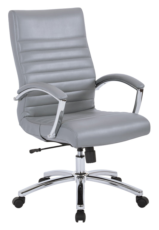 Executive Mid-Back Chair in Grey Faux Leather with Padded Arms and Chrome Finish Base