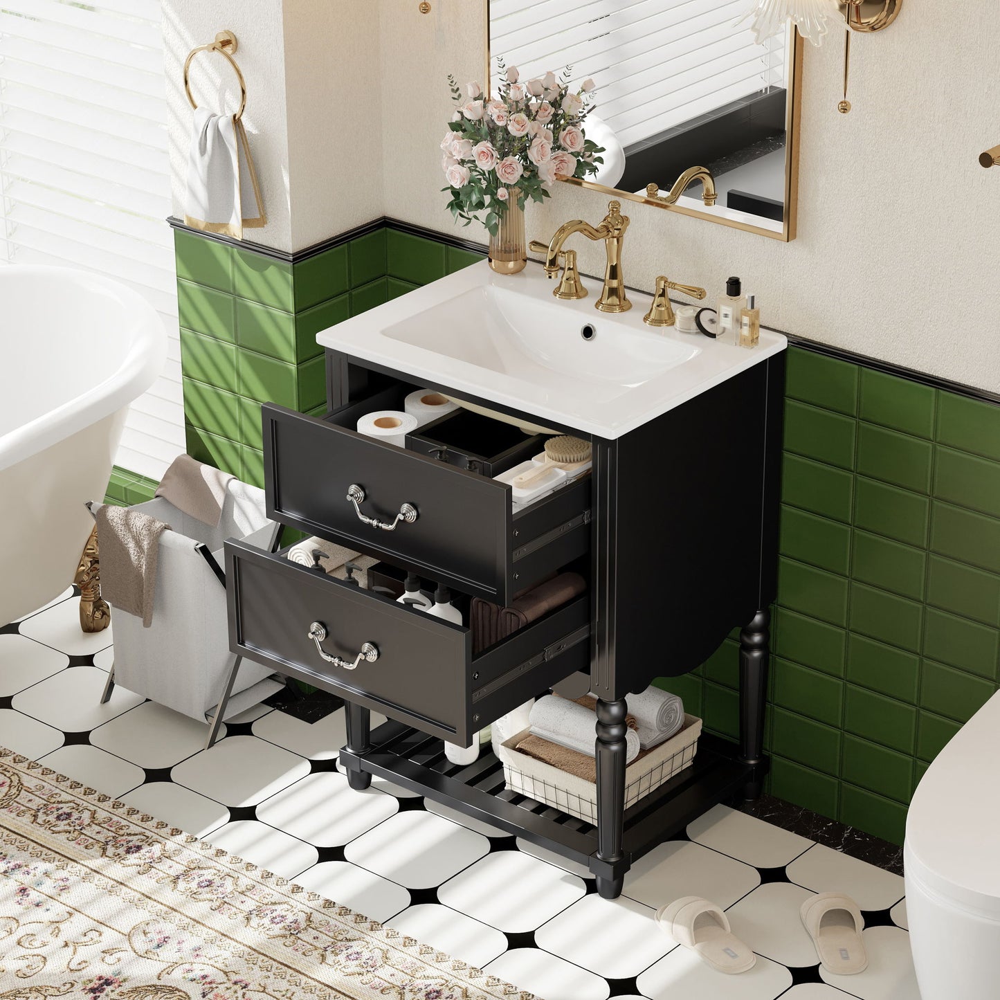 Wave Design Bathroom Vanity With Sink, 2 Drawers And Open Shelf