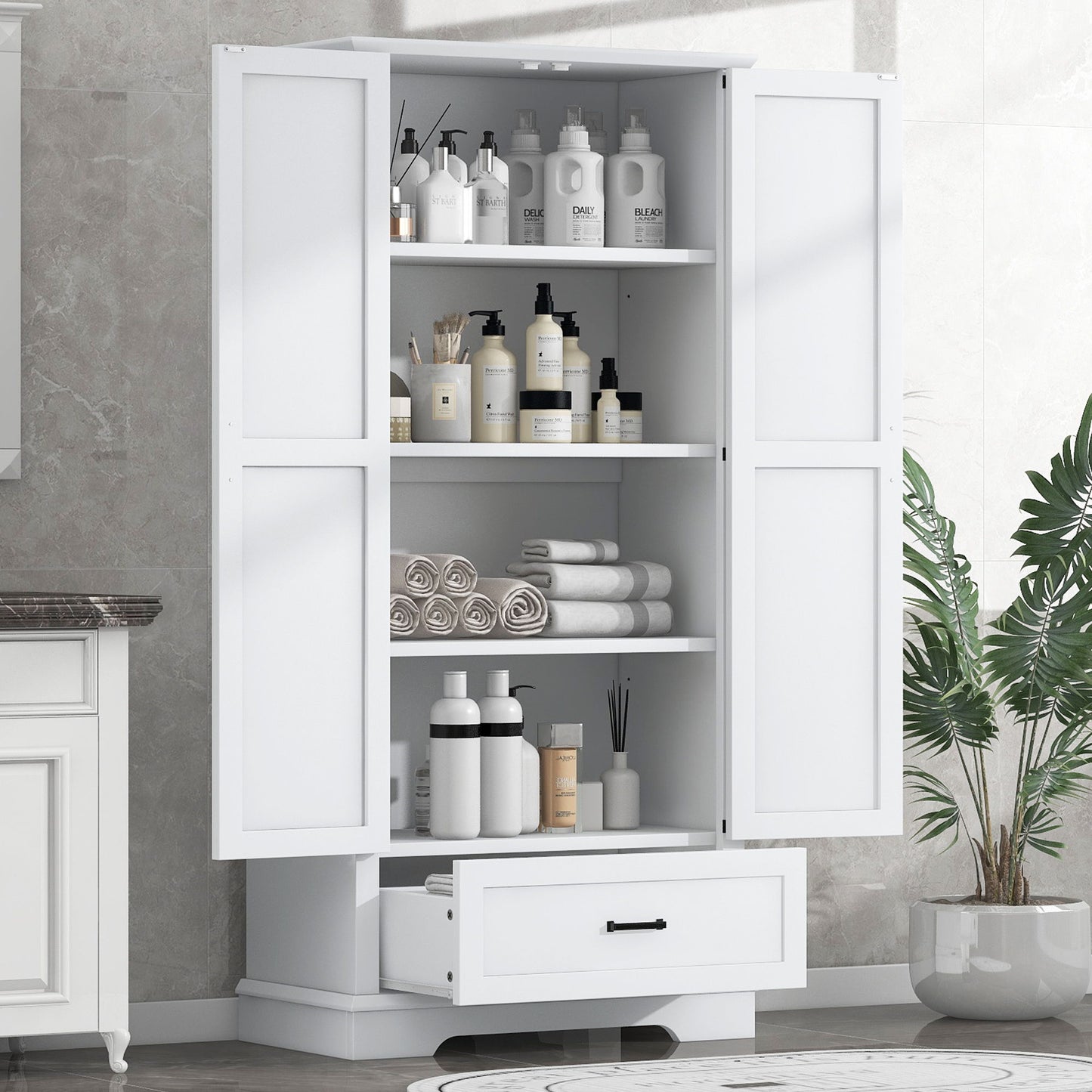 Tall Bathroom Storage Cabinet With 2 Doors And 2 Drawer, Adjustable Shelf - White