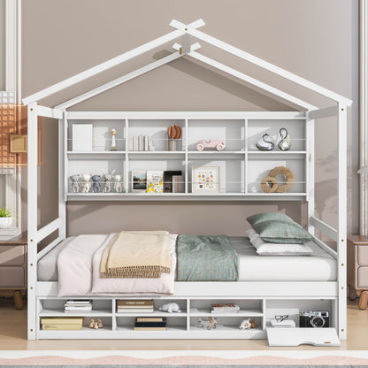 House Bed With Roof Frame, Bedside-Shelves, Under Bed Storage Unit