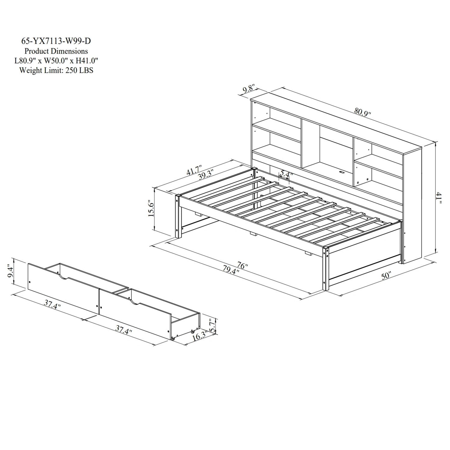 Bed Frame With Side Bookshelves, 2 Drawers, And Built In USB Port
