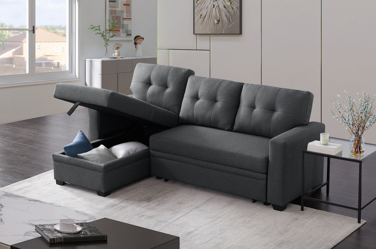 Upholstered Pull Out Sectional Sofa With Chaise