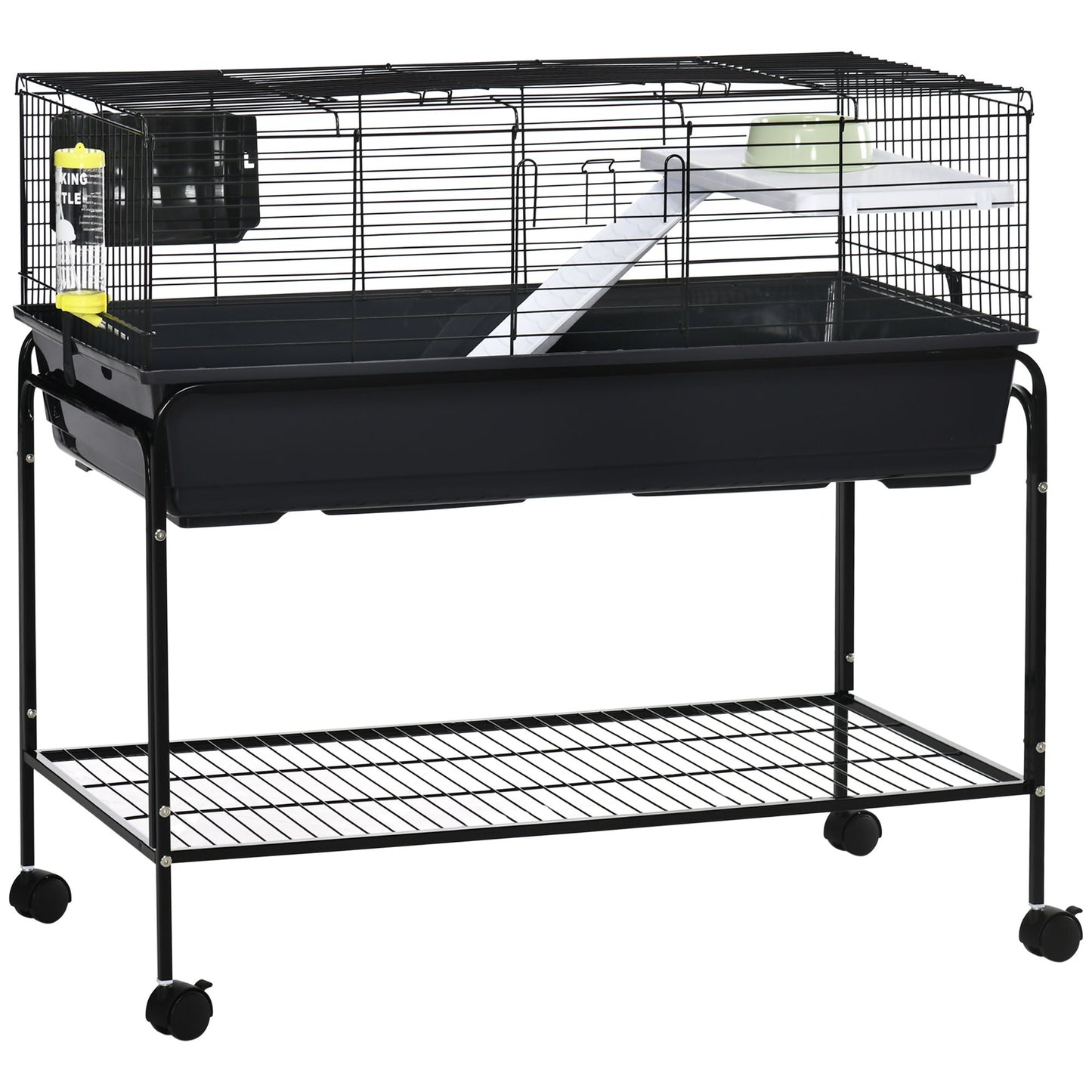 Pawhut - Two-Story Small Animal Cage Removable From Stand, Guinea Pig Cage, Hedgehog Cage, Chinchilla Cage, Ferret, With Shelf & Wheels, Pet Habitat - Black