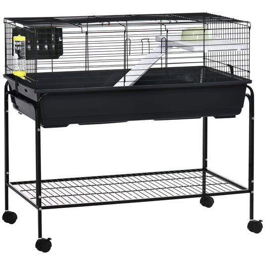 Pawhut - Two-Story Small Animal Cage Removable From Stand, Guinea Pig Cage, Hedgehog Cage, Chinchilla Cage, Ferret, With Shelf & Wheels, Pet Habitat - Black