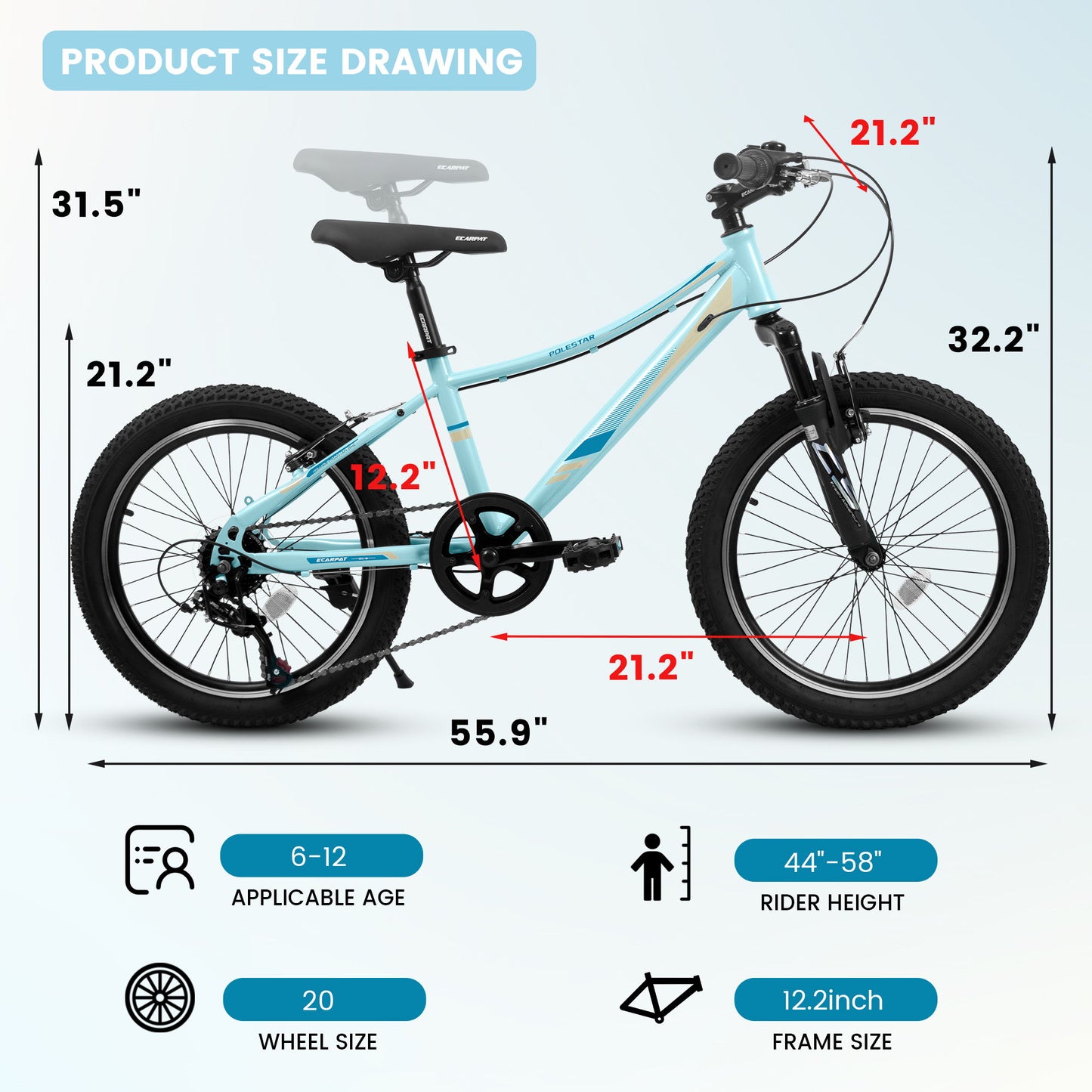 S20101 20" Kids' Bike, Boys Girls Mountain Bike Ages 8-12, 7 Speed Teenager Children Kids' Bicycles, Front Suspension Disc Brake Rear V-Brake, High Steel Frame