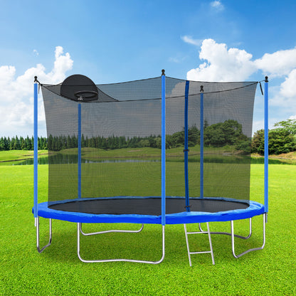 12Ft Trampoline For Adults & Kids With Basketball Hoop, Outdoor Trampolines With Ladder And Safety Enclosure Net For Kids And Adults - Blue