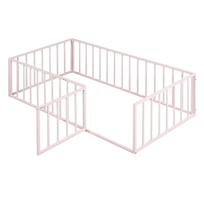 Metal Floor Bed Frame With Fence And Door - Black