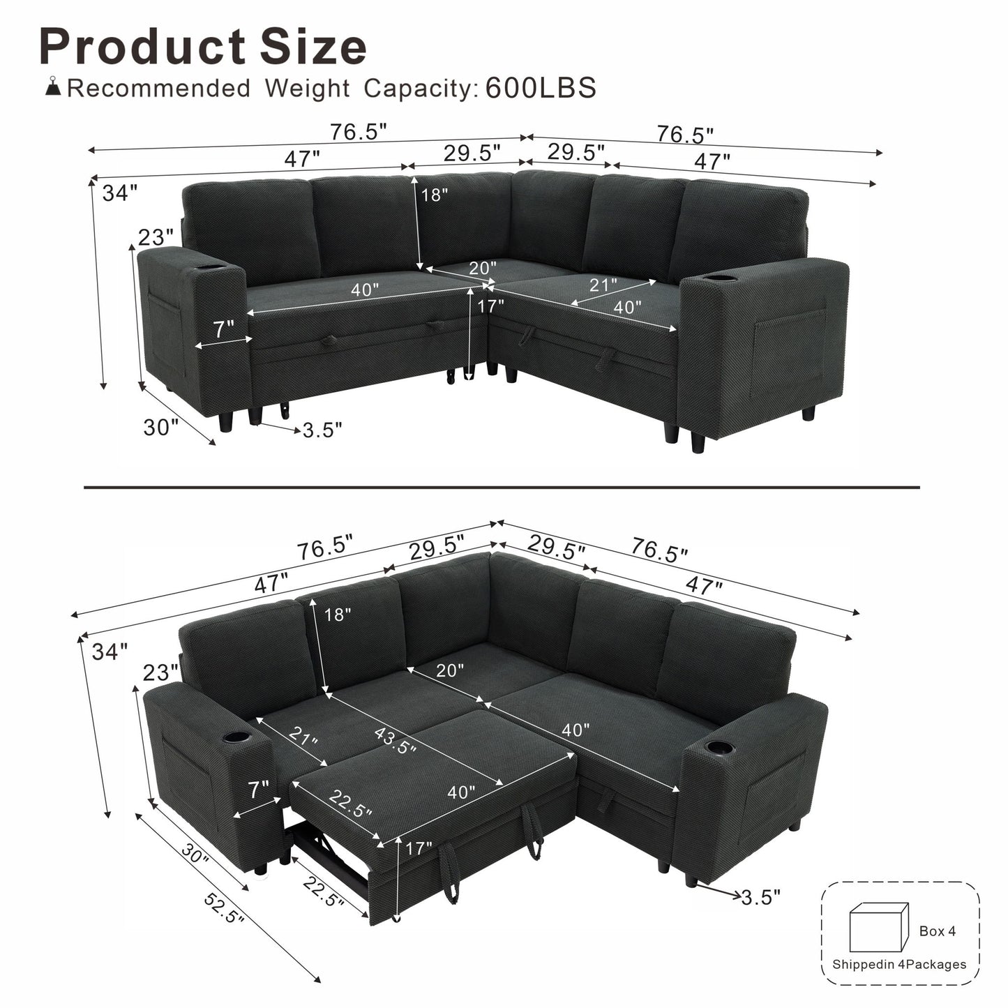 Upholstered L - Shape Sectional Sofa Bed With Pull Out Sleeper And Storage