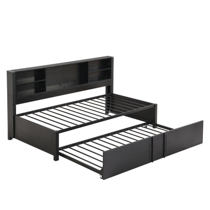 Industrial Metal Daybed With Trundle, Storage Shelves, USB Ports