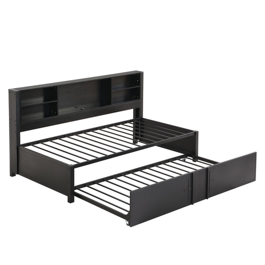 Industrial Metal Daybed With Trundle, Storage Shelves, USB Ports