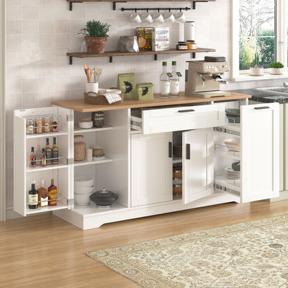 Sideboard With Extendable Table, Adjustable Shelves, 3 Tier Pull Out Rack - White
