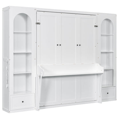 French Style Murphy Platform Bed With Shelf, Side Cabinets, Drawers And LED