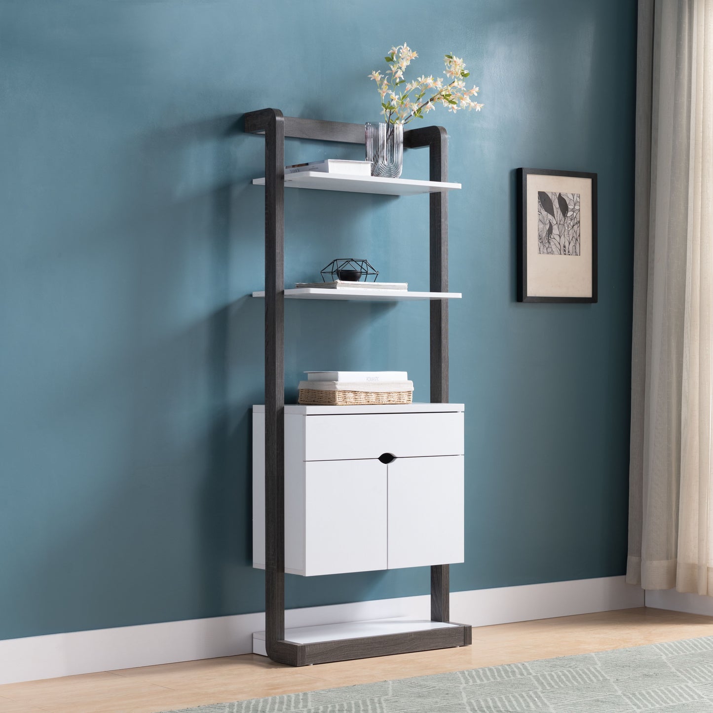 Contemporary Bookcase Four Open Shelve One Drawer Two Cabinets With Open Shelve - White / Gray