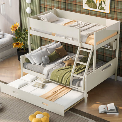 Wood Twin Over Full Bunk Bed With Storage Shelves And Twin Size Trundle - Cream