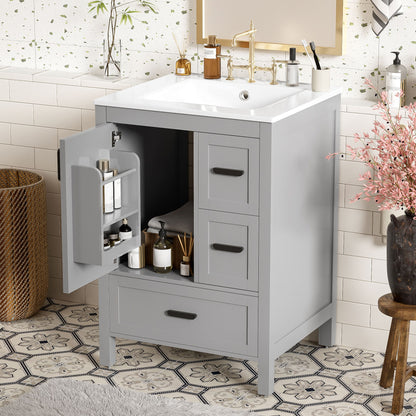 Bathroom Vanity With Sink, Soft Close Door, Double Layer Door Shelf And 3 Drawers - Gray