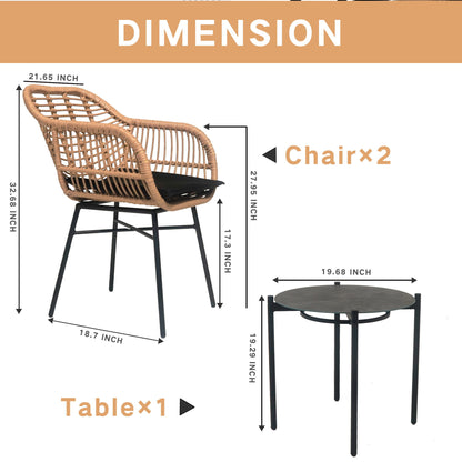 3 Pieces Of Luxury Outdoor Wicker Furniture, Patio Bistro Style Table And Chair Combination, Weather Resistant PE Wicker Weave, Suitable For Garden - Black / Natural