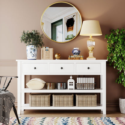 Retro Design Console Table With Two Open Shelves, Pine Frame And Legs For Living Room