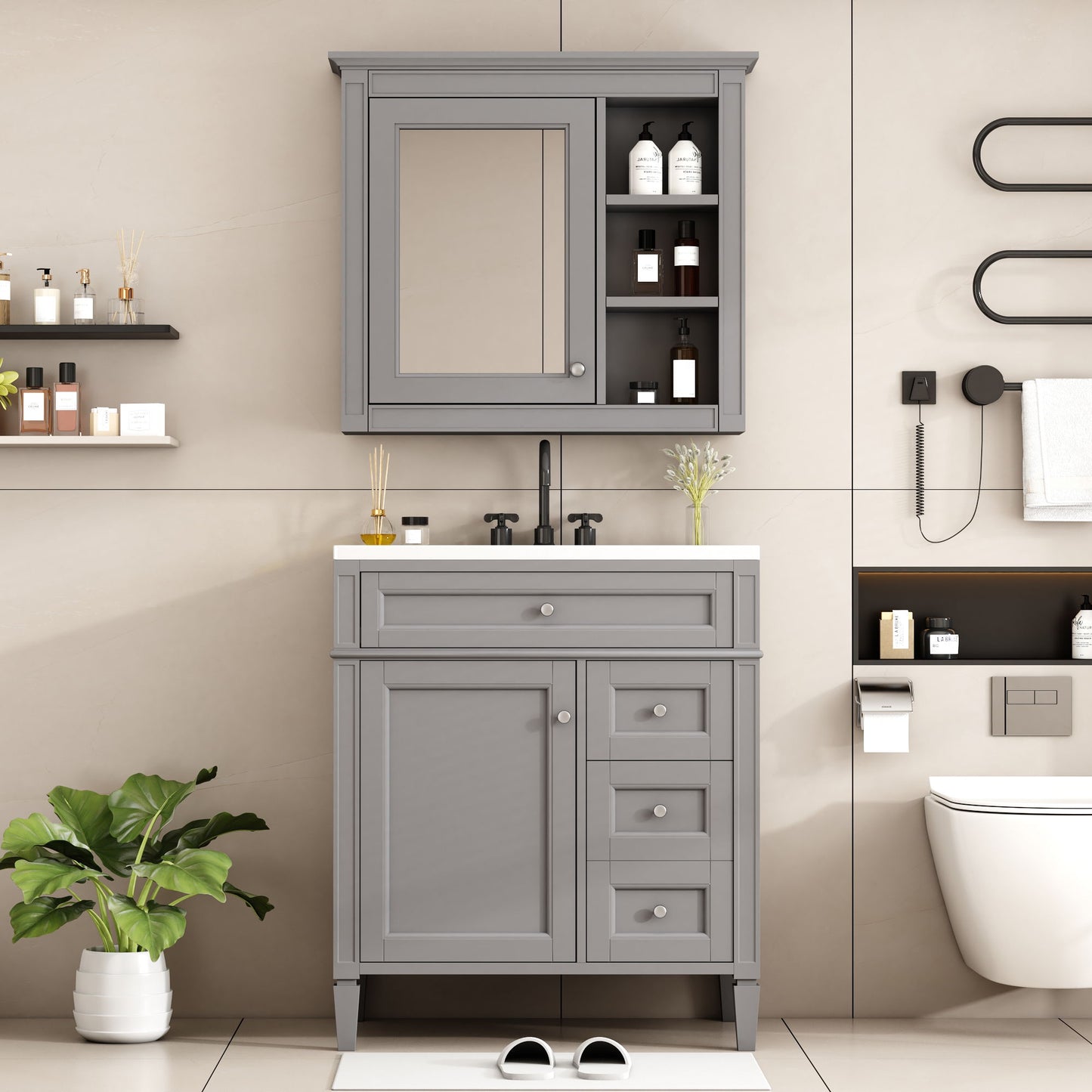 Bathroom Vanity With Top Sink, Freestanding Storage Cabinet With 2 Doors And 3 Drawers, Mirror Cabinet Included - Gray