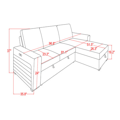 Montero - Sofa With Pull Out Bed, Drop Down Table, USB And Cup Holders, Storage Chaise - Charcoal Black