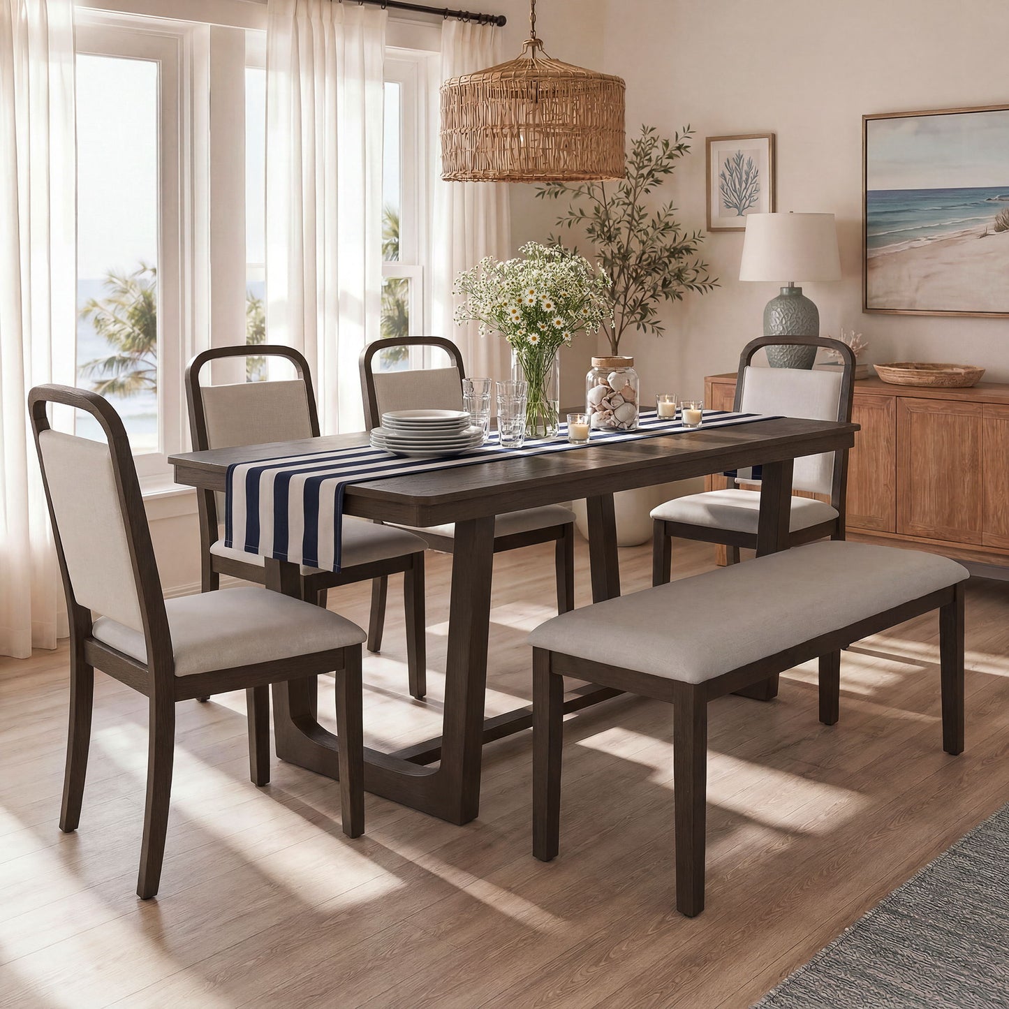 Farmhouse Dining Set With 4 Upholstered Chairs & 1 Bench