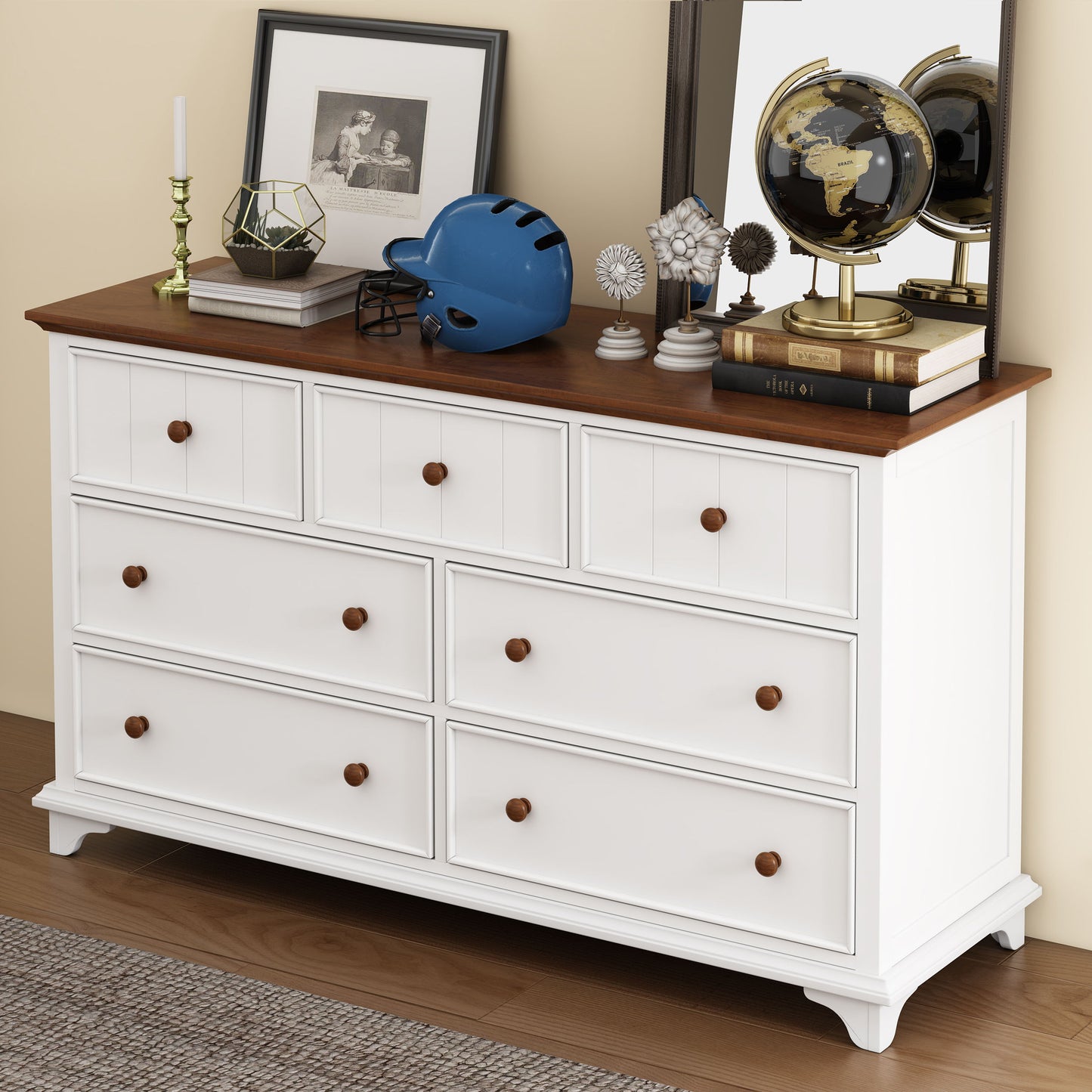 Wooden Captain Seven Drawer Dresser For Bedroom, Living Room, Kids' Room - White / Walnut