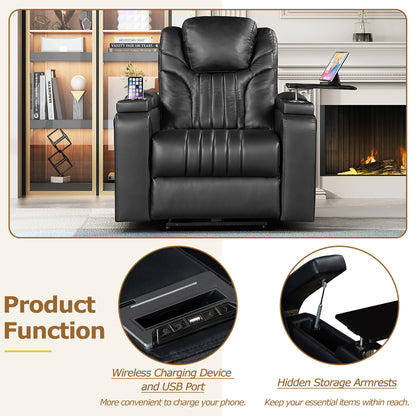 Power Recliner Home Theater Recliner With Power Adjustable Headrest, Wireless Charging Device, USB Port, Storage Arms, Cup Holder And Swivel Tray Table For Living Room