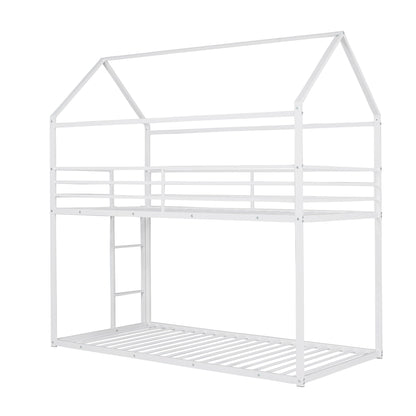 Bunk Beds For Kids Twin Over Twin, House Bunk Bed Metal Bed Frame Built-In Ladder, No Box Spring Needed