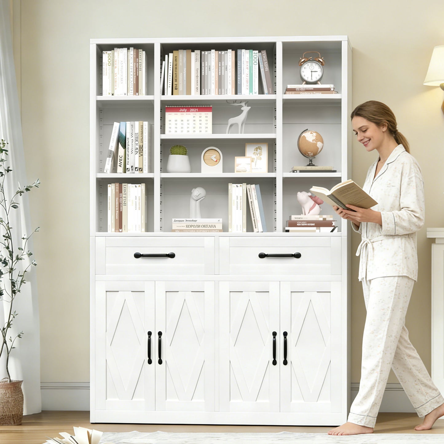 Industrial Bookcase Tall With Adjustable Shelves, Drawers & Doors