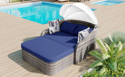 Outdoor Sunbed With Adjustable Canopy, Daybed With Pillows, Double Lounge, PE Rattan Daybed