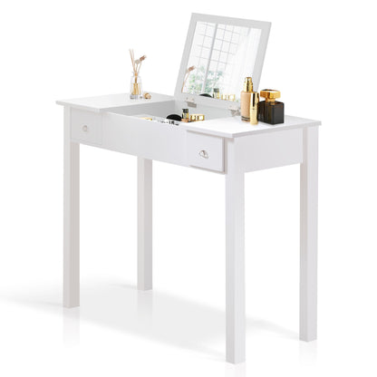 Accent Vanity Table With Flip-Top Mirror And 2 Drawers, Jewelry Storage For Women Dressing - White