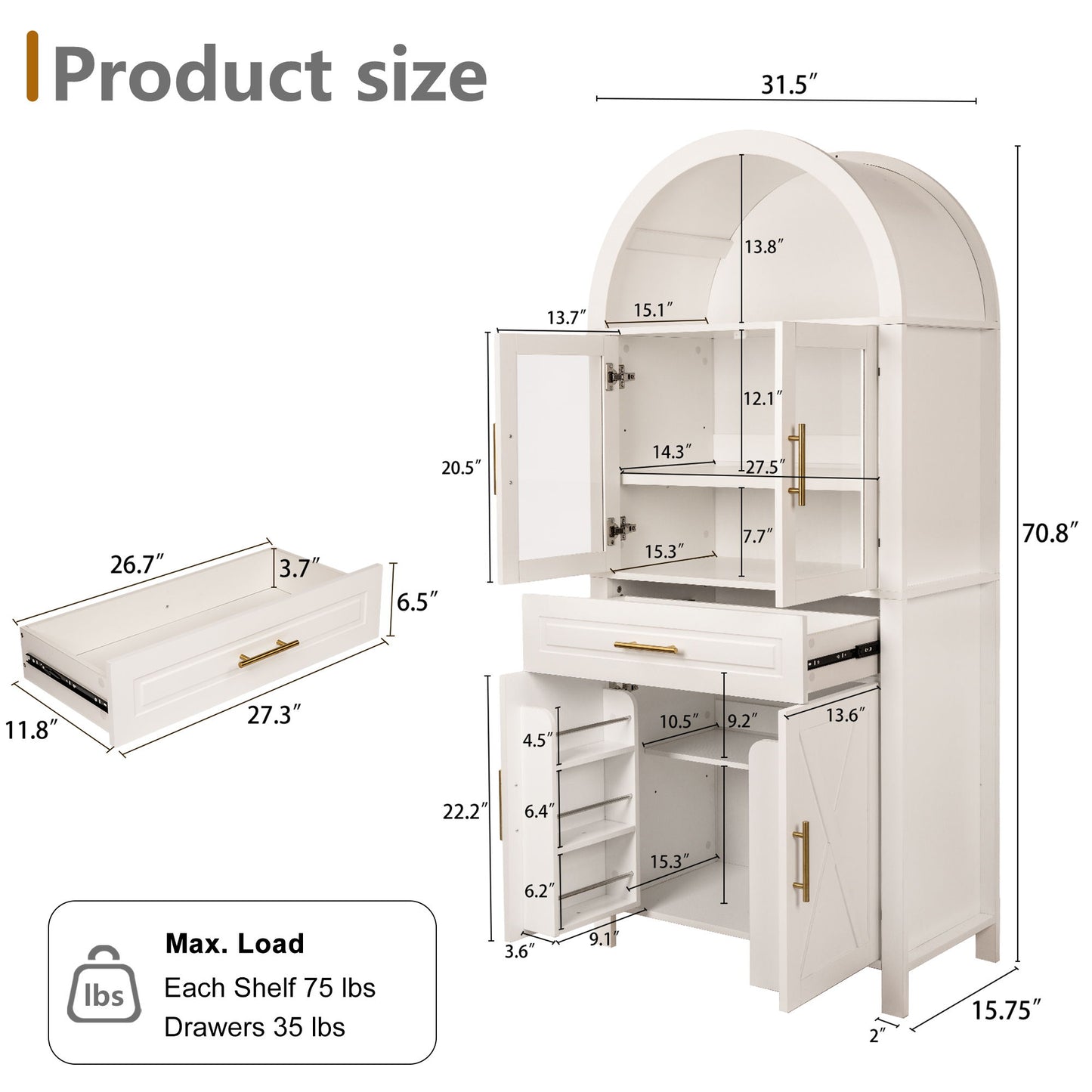 Arched Kitchen Pantry Cabinet With Adjustable Shelves & Barn Door Design
