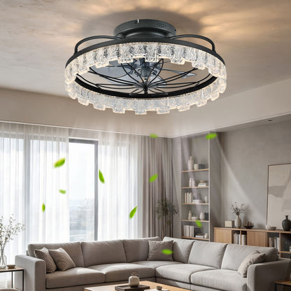 Ceiling Fan With Light, Flower Caged Ceiling Fan With Remote, LED Low Profile Ceiling Light - Matte Black