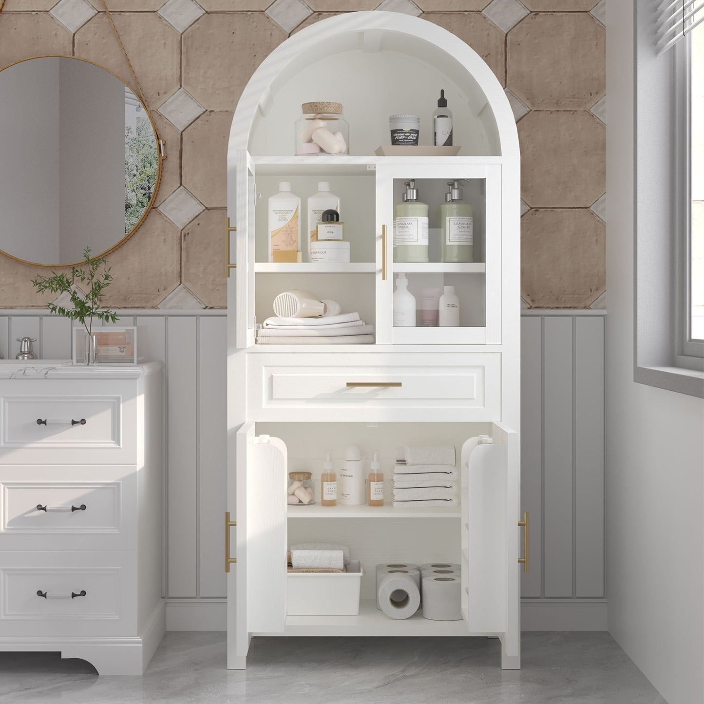 Arched Kitchen Pantry Cabinet With Adjustable Shelves & Barn Door Design