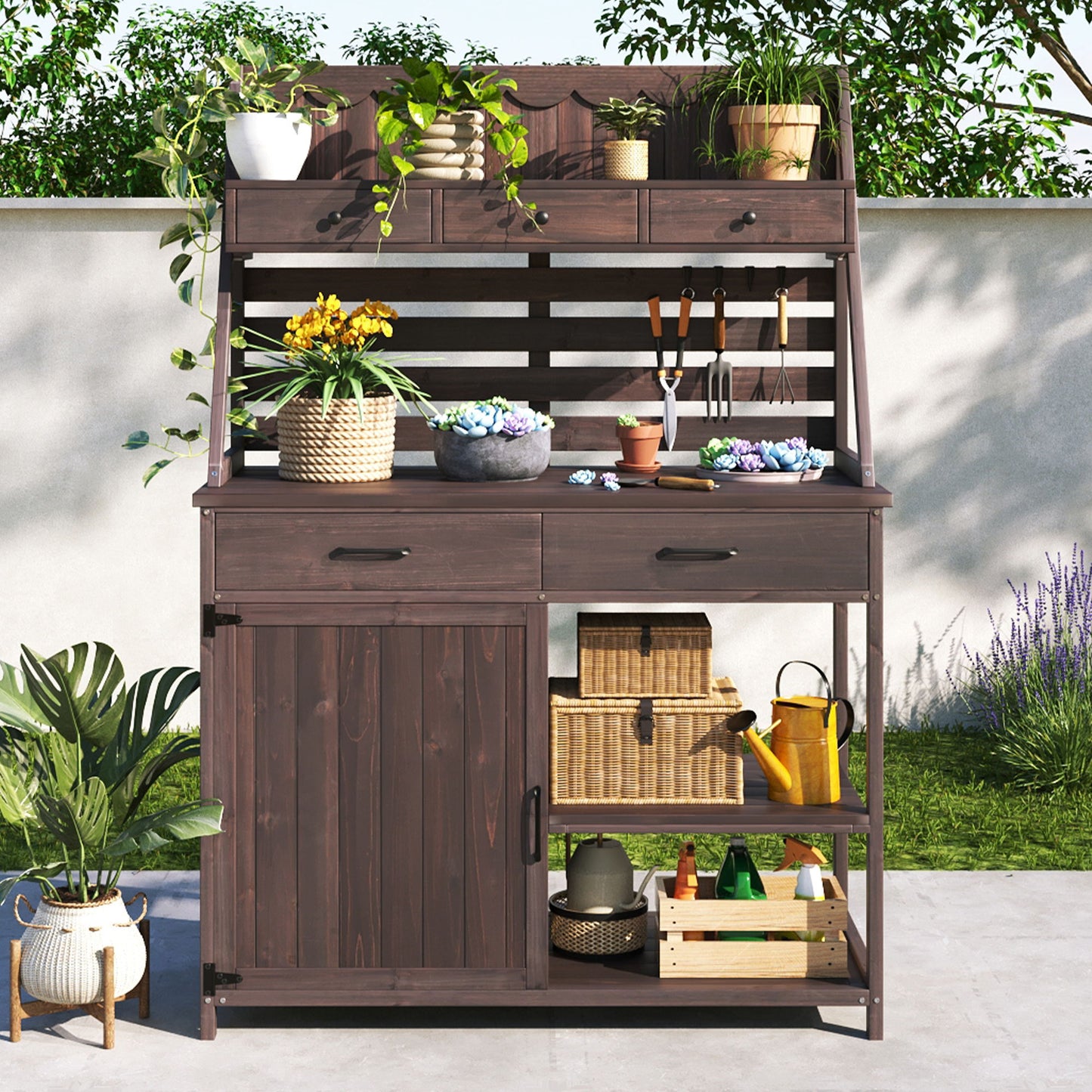 Potting Bench With 5 Drawer Storage And Slatted Back Panel, Garden Workstation - Brown