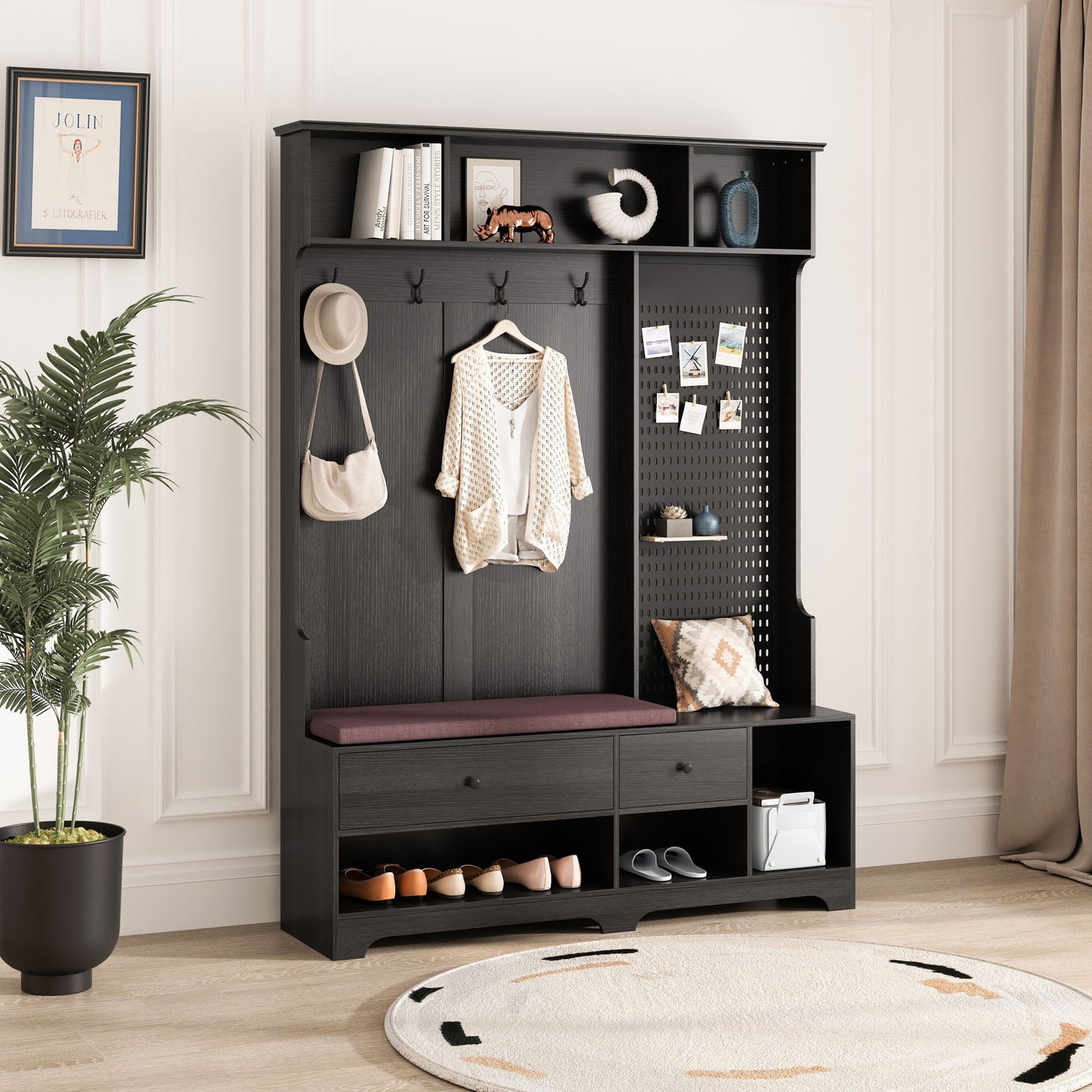 Hallway Hall Tree With Removable Cushion Bench, Coat Rack, Storage Shelves