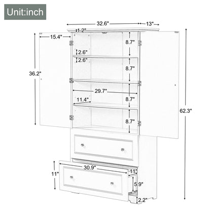 Wide Bathroom Storage Cabinet, Freestanding Storage Cabinet With Two Drawers And Adjustable Shelf, MDF Board With Painted Finish - Gray