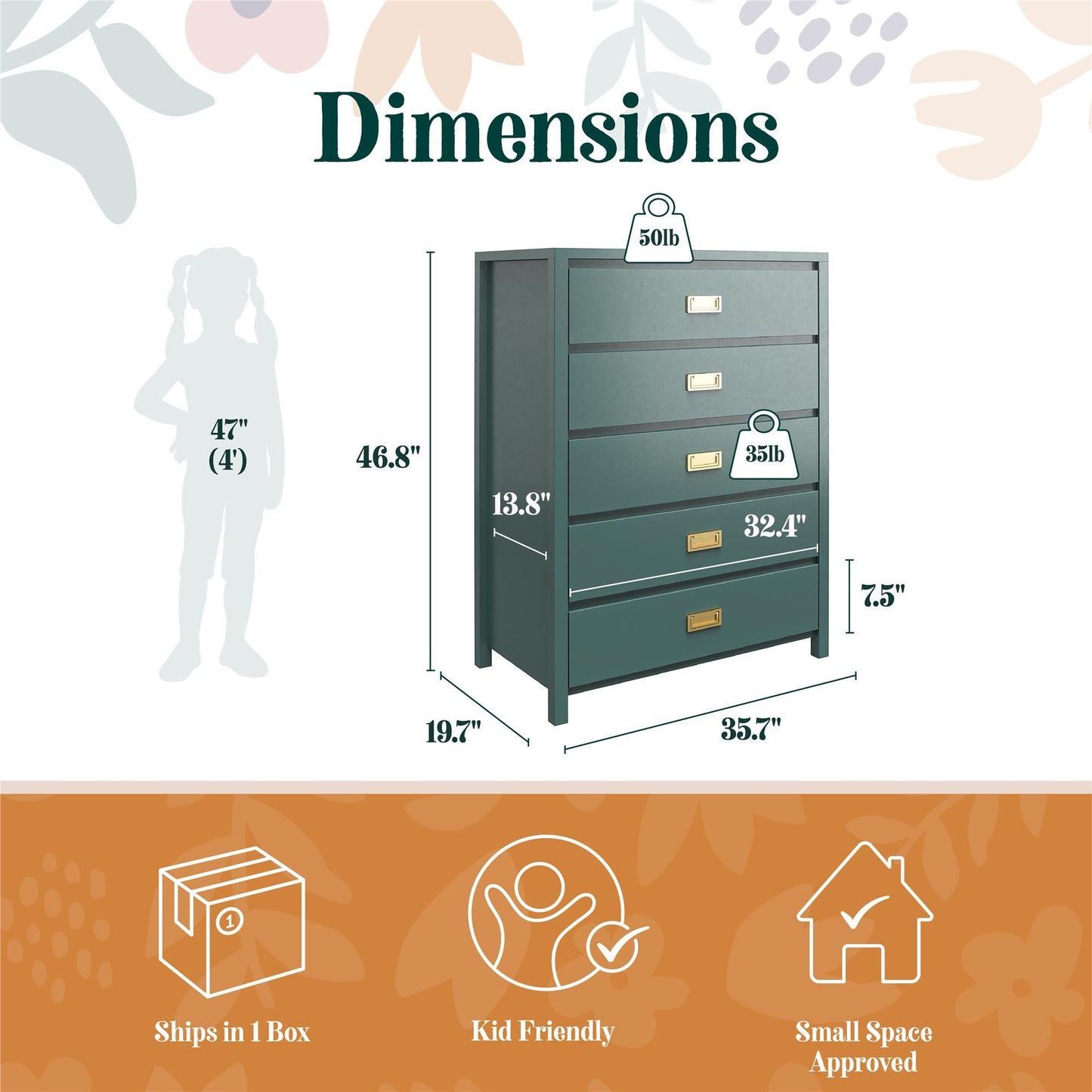 Haven - 5 Drawer Dresser - Dark Green