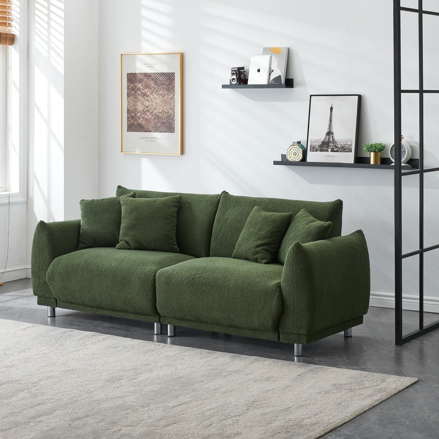 Teddy Wool Beige Sofa With Four Throw Pillows And Hardware Feet Can Sit Comfortably In An Apartment Bedroom Without Taking Up Space