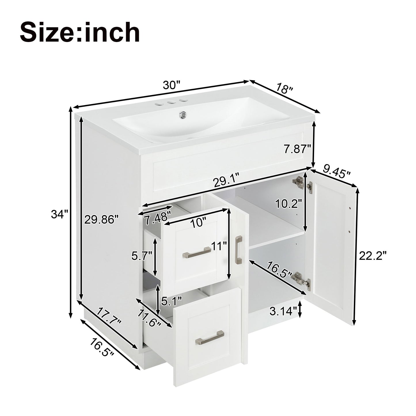 Bathroom Vanity With 2 Doors, 2 Drawers, Adjustable Shelf, Hidden Slides & Soft Close Hinges