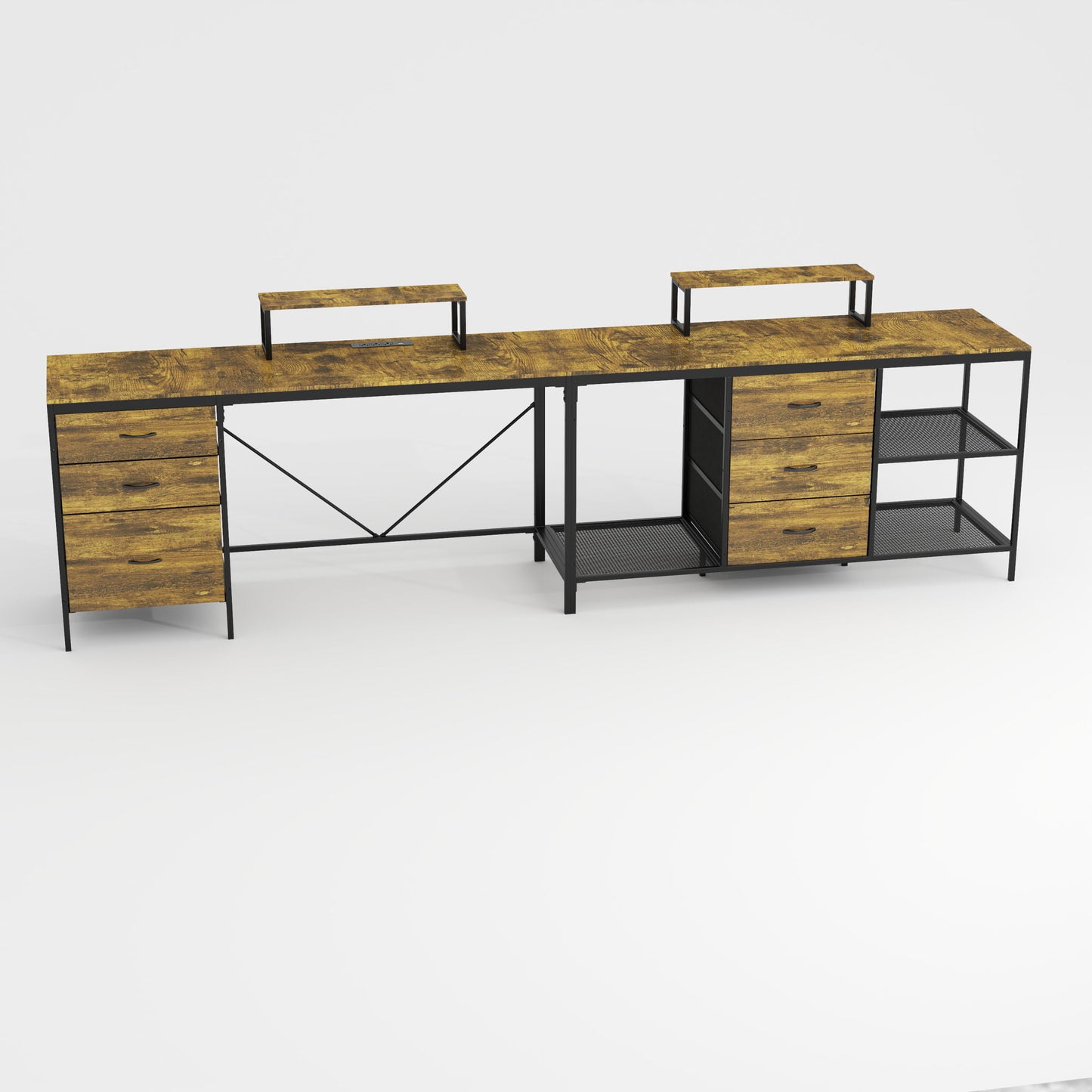 Industrial L Shaped Computer Desk With Power Outlets & USB-C, 6 Fabric Drawers, 3 Open Shelves, Movable Monitor Stands - Brown