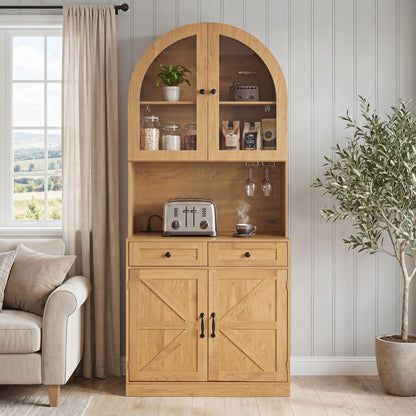 Tall Arched Pantry Cabinet With Charging Station, Adjustable Shelves, Coffee Bar