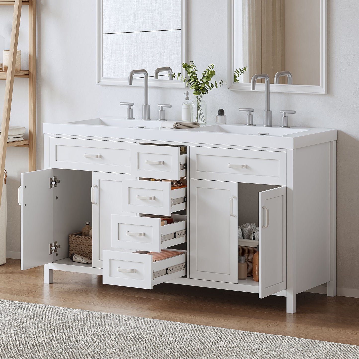 59.1" Minimalist Double Sink Bathroom Vanity With Top, Soft Close Doors & Drawers - White