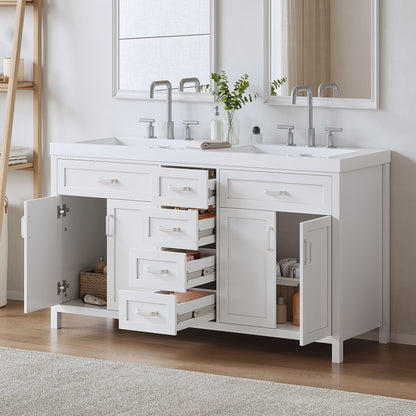 59.1" Minimalist Double Sink Bathroom Vanity With Top, Soft Close Doors & Drawers - White
