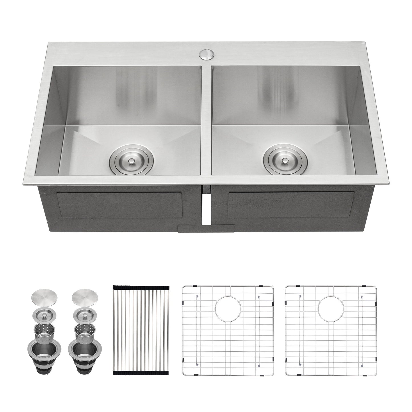 Double Bowl Drop In Sink, Stainless Steel With 50 / 50 Basins 18 Gauge - Brushed Nickel