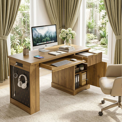 Modern Fluted Office Desk With Storage Cabinet