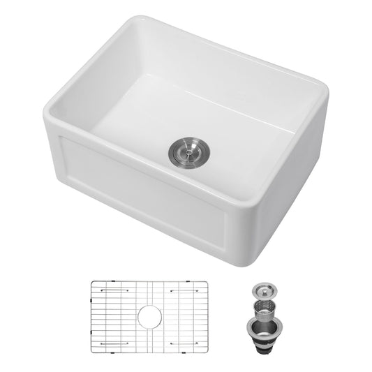 Elegant Farmhouse Style Small Apron Front Ceramic Kitchen Sink 24" Single Bowl Reversible Design - White