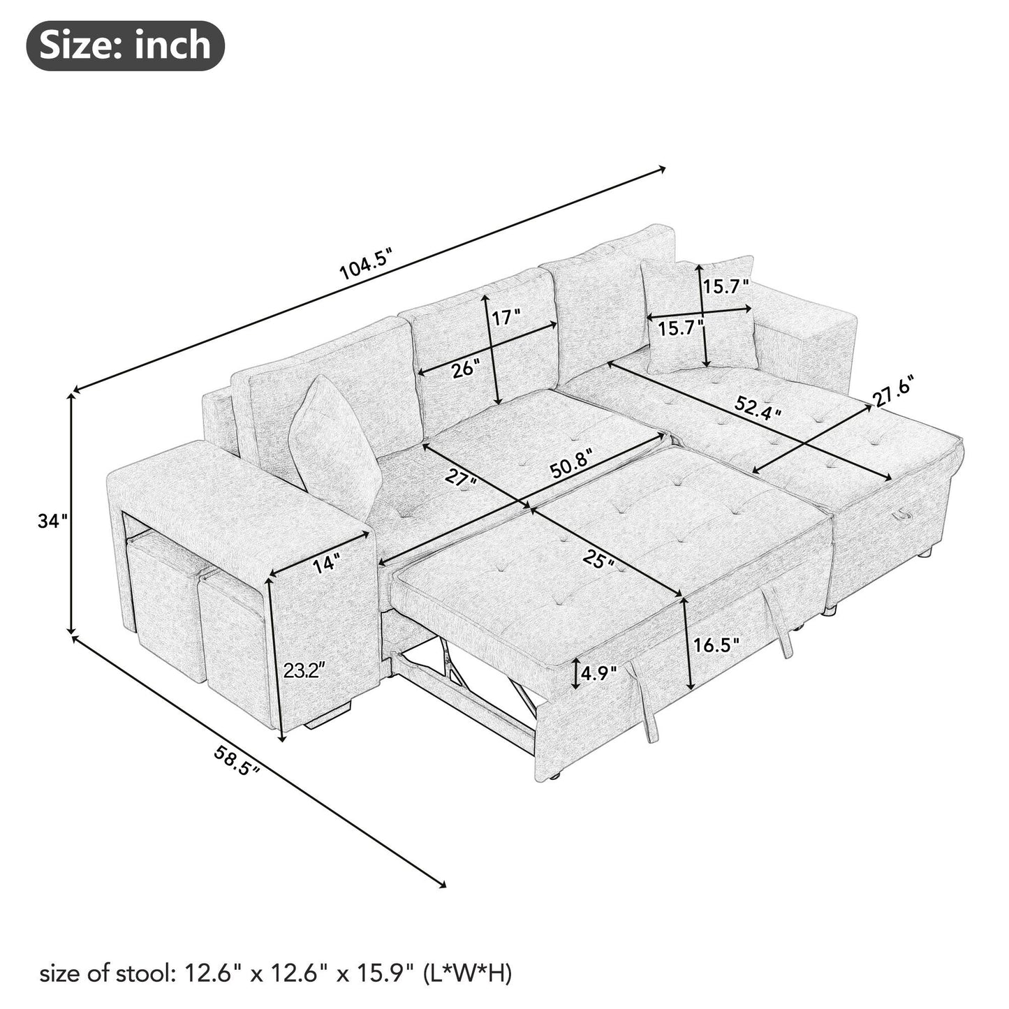 Pull Out Sleeper Sofa Reversible L-Shape 3 Seat Sectional Couch With Storage Chaise And 2 Stools For Living Room Furniture Set - Gray