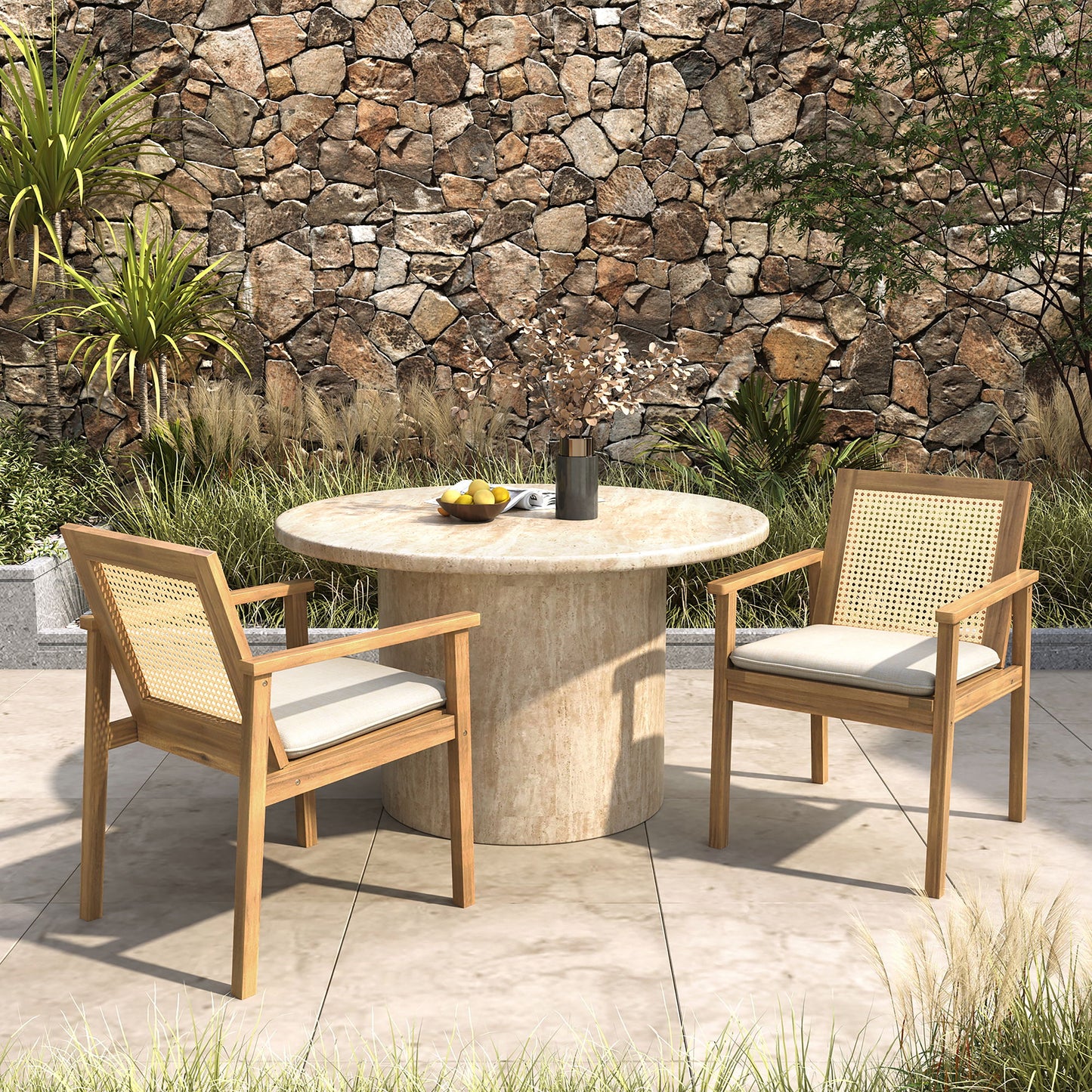 Preston - Outdoor Dining Chair With Cushion (Set of 2) - Teak / Beige